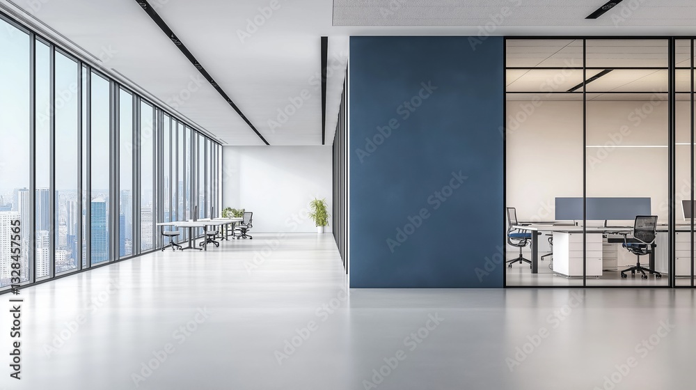 Fototapeta premium A modern, minimalist office interior with a large wall dividing the space from a view of another office area