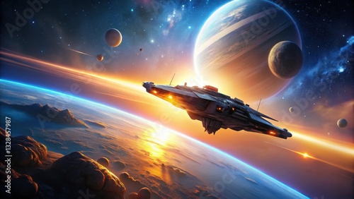 Wallpaper Mural A Futuristic Spaceship Soars Above a Vibrant Planetary System During a Golden Hour Sunrise Torontodigital.ca