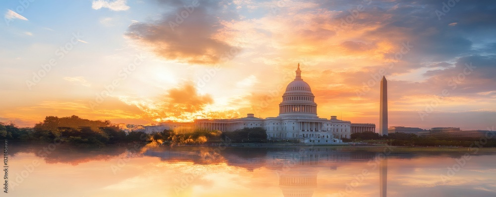 Fototapeta premium Government building and monument reflecting in the calm water during sunset