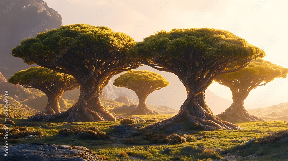 Fototapeta premium Dragon trees bathed in soft golden hour light on Dixam Plateau