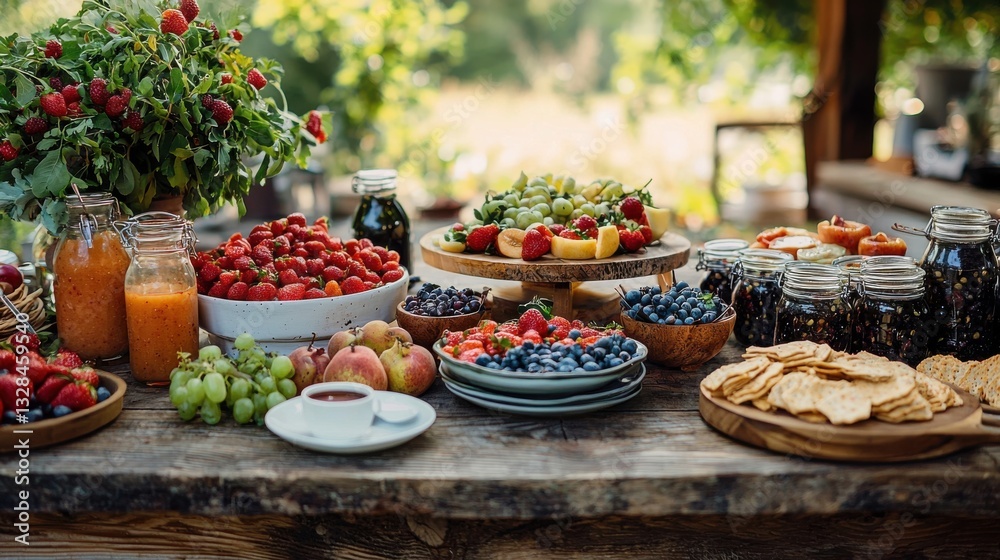 Vibrant Assortment of Fresh Fruits and Preserves in Rustic Outdoor Setting with Natural Lighting