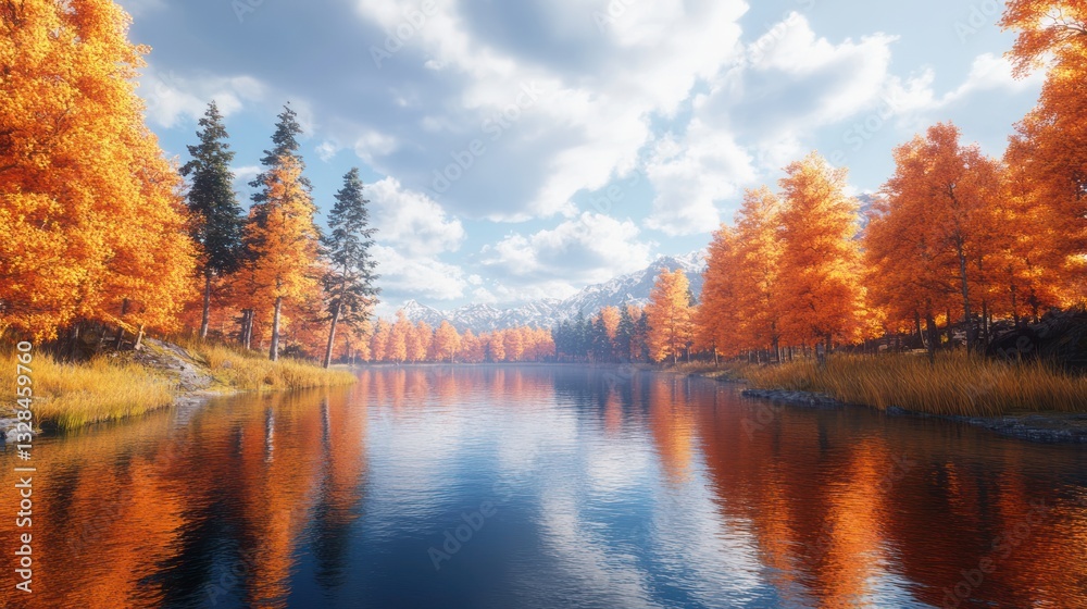 Obraz premium Autumnal Serenity: A picturesque lake mirroring vibrant fall foliage and majestic mountains under a partly cloudy sky