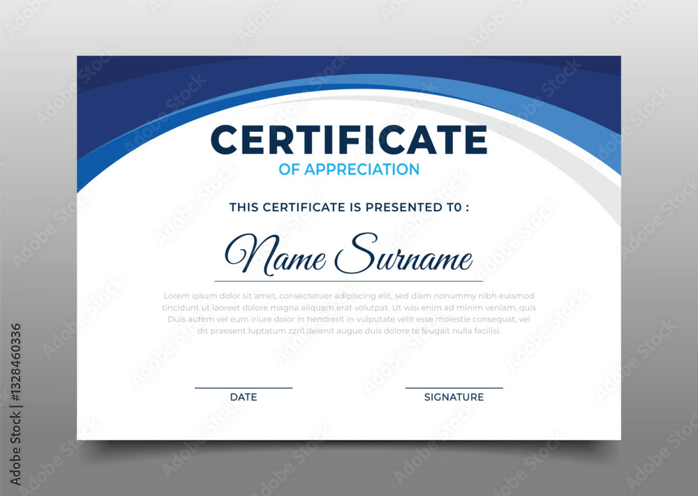 Fototapeta premium Business certificate template design with blue wavy decoration