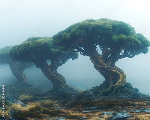 Dragon trees on a fog-kissed Dixam Plateau in muted earthy tones photo