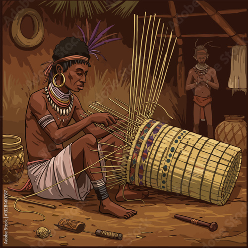 Man Weaving Traditional Basket Using Natural Materials in Village Setting