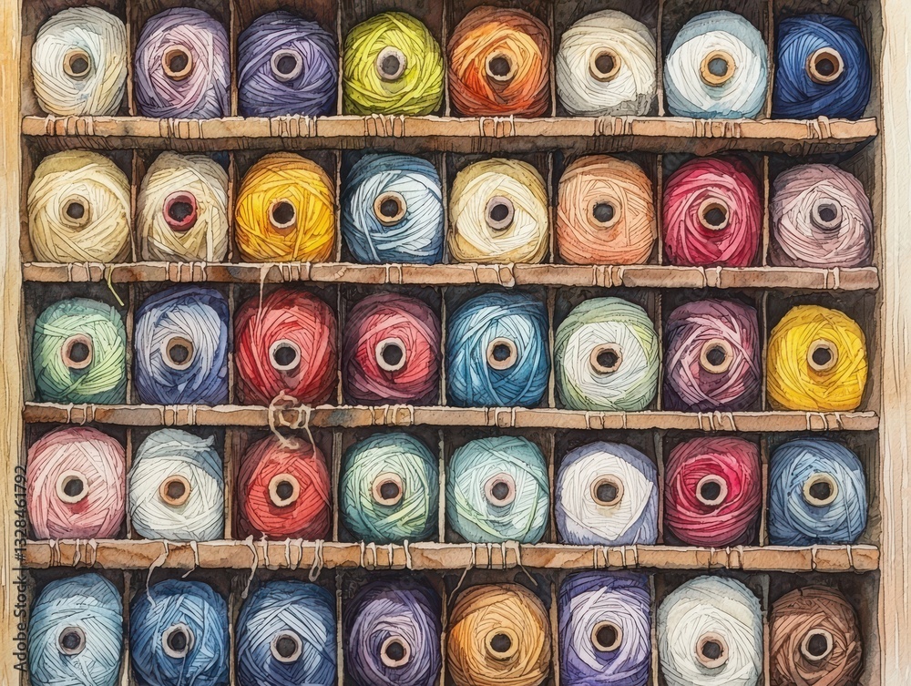 Fototapeta premium Colorful Threads on Shelves in a Brightly Lit Craft Room Displaying Textile Materials for Sewing Projects