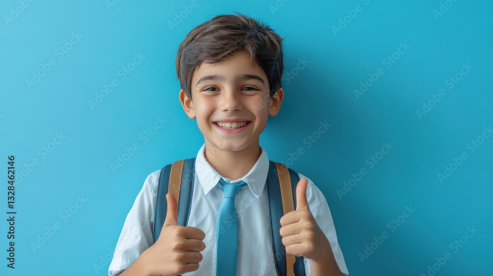 happy indian schoolboy showing thumbs up on blue background happy indian schoolboy showing thumbs up on blue background