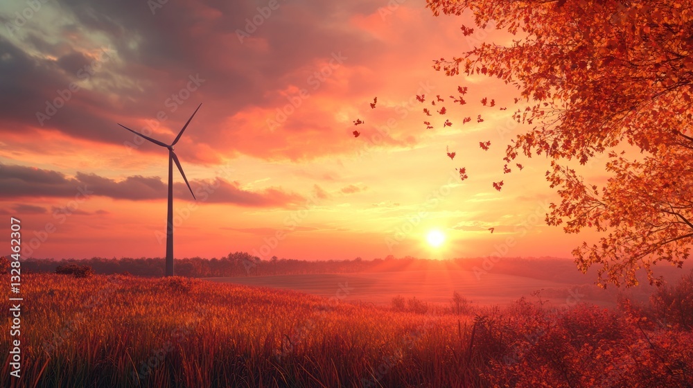 Obraz premium Autumn Sunset with Wind Turbine