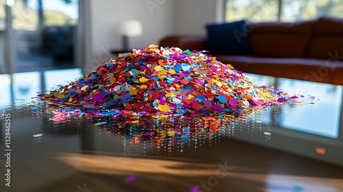 Colorful confetti pile on glass table, indoor setting. photo