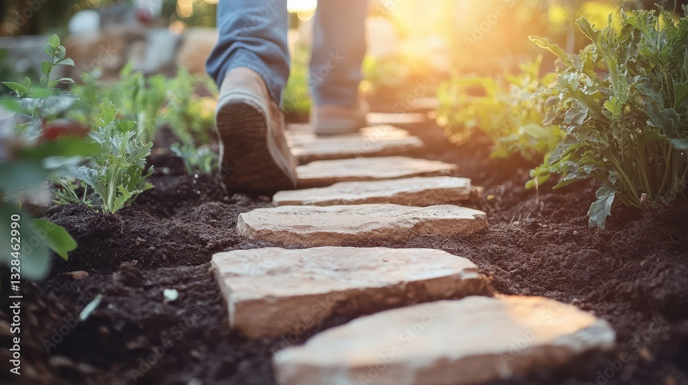 Person walking on stepping stones in garden. Shows tranquil garden path, ideal for relaxation or gardening themes. Person walking on stepping stones in garden. Shows tranquil garden path, ideal for relaxation or gardening themes.