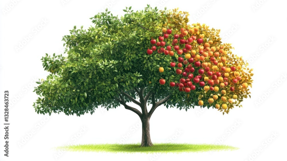 Fototapeta premium Four Seasons Tree, Fruit, Growth, White Background, Nature Illustration
