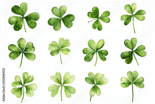 Delicate watercolor illustrations of three-leaf and four-leaf clovers in a set on a white background