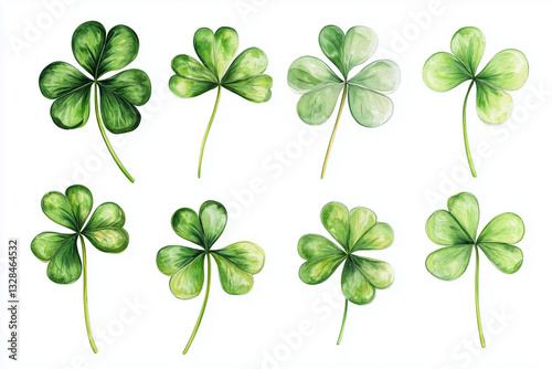 Delicate watercolor illustrations of three-leaf and four-leaf clovers in a set on a white background