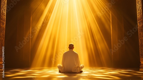A faith leader in a golden temple, bathed in divine light as they chant sacred words