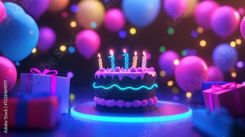 Neon Birthday Cake with Balloons and Gifts