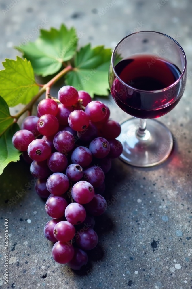 A Cluster of Ripe Red Grapes Beside a Glass of Crimson Wine on a Speckled Surface A Cluster of Ripe Red Grapes Beside a Glass of Crimson Wine on a Speckled Surface