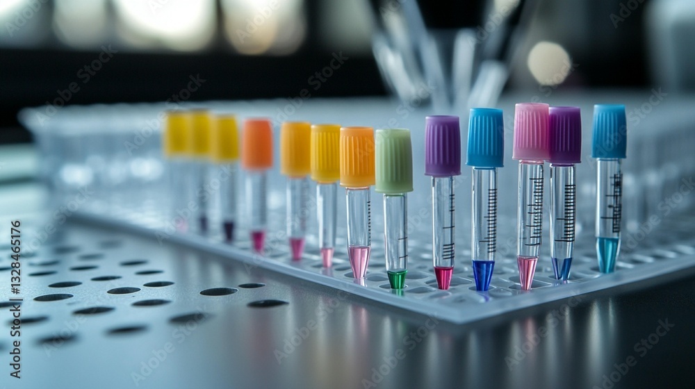 Colorful test tubes in a lab rack, filled with various liquids for medical or scientific research. Colorful test tubes in a lab rack, filled with various liquids for medical or scientific research.