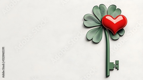 Green Four-Leaf Clover Key with Red Heart: A 3D Rendered Illustration AI Generated