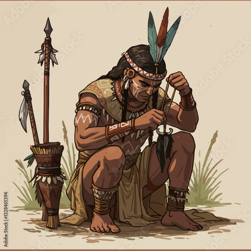 Indigenous Person Crafting with Spear and Arrows Illustration Peaceful Setting