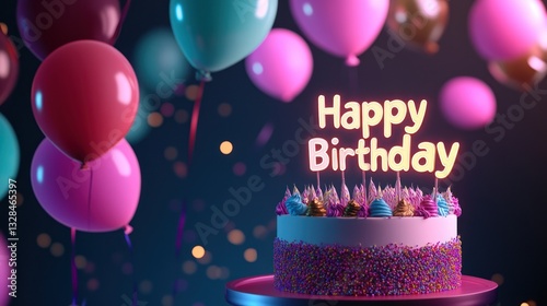 Happy Birthday Cake with Balloons and Confetti