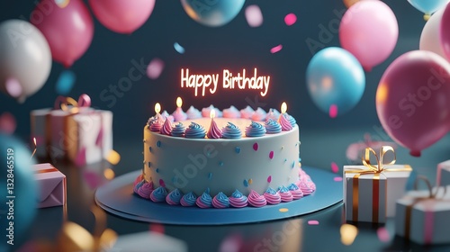 Happy Birthday Cake with Balloons and Gifts