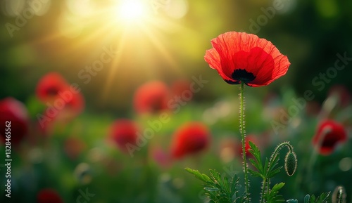 Stunning Poppy Flower with Bright Red Petals Illuminated by Soft Sunrise Light in a Lush Green Field of Nature's Beauty