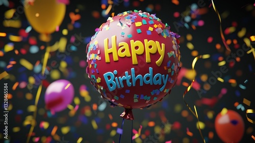 Happy Birthday Balloon Celebration: A Festive 3D Render of a Red Balloon with Confetti