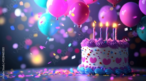 Festive Birthday Cake with Balloons and Confetti