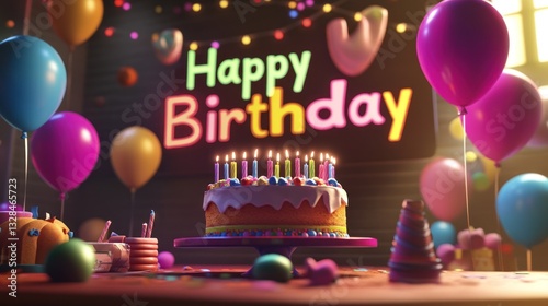 A Festive Birthday Scene with Cake and Balloons