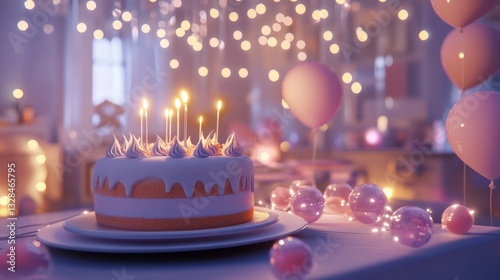 Magical Birthday Cake with Pink Balloons and Fairy Lights