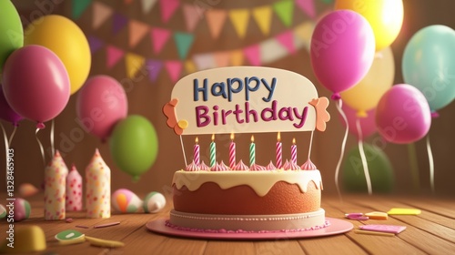 Happy Birthday Cake with Balloons and Candles