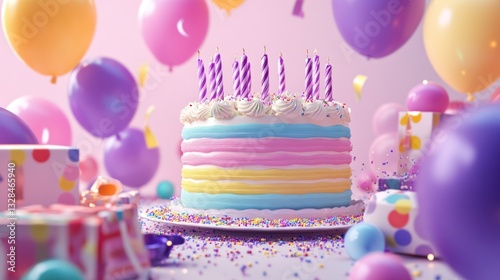 Pastel Rainbow Birthday Cake with Balloons
