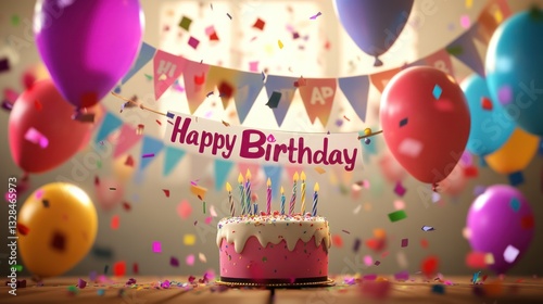 Happy Birthday Festive Cake Celebration with Balloons and Confetti