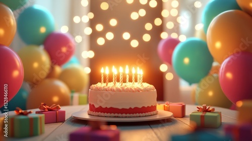 Birthday Cake with Candles and Balloons