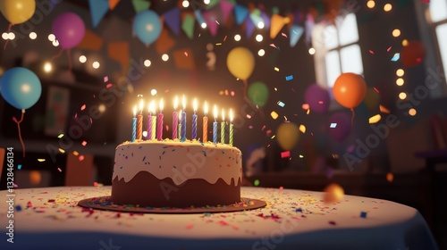 A Birthday Cake Celebration: Lit Candles, Balloons, and Confetti