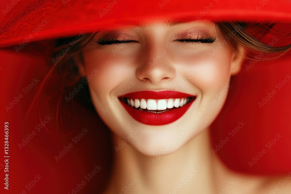 Close-up of a smiling woman with vivid red lipstick and a matching hat. Generated AI Close-up of a smiling woman with vivid red lipstick and a matching hat. Generated AI