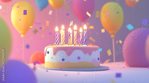 Birthday Cake Celebration with Balloons and Confetti