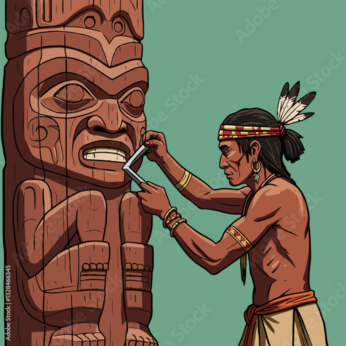 Indigenous Man Working on Carved Wooden Totem Pole with Tool