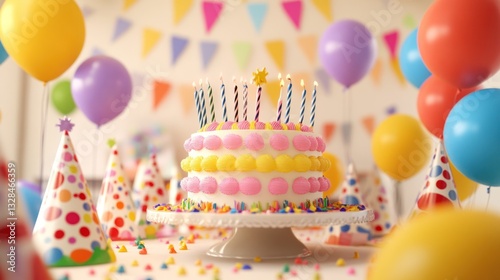 Colorful Birthday Celebration: A Festive Cake and Balloons