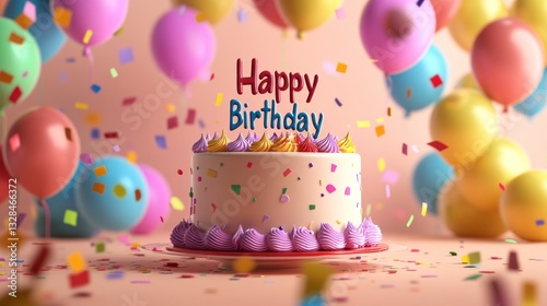 Happy Birthday Cake with Balloons and Confetti: A Festive Celebration