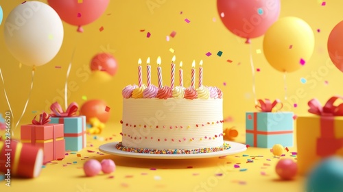 A delightful birthday celebration scene featuring a delicious cake surrounded by colorful balloons, gifts, and confetti, capturing the joy and excitement of a festive occasion.