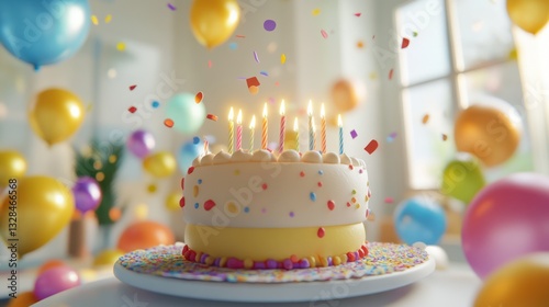 Festive Birthday Cake with Balloons and Confetti