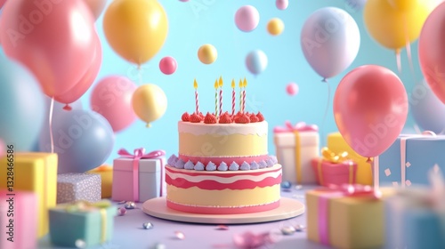 Delightful Birthday Celebration: A Two-Tiered Cake Surrounded by Balloons and Gifts