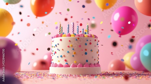 Delightful Birthday Cake with Balloons and Confetti