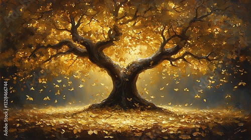 Fototapeta Naklejka Na Ścianę i Meble -  Golden autumn tree with falling leaves and butterflies.