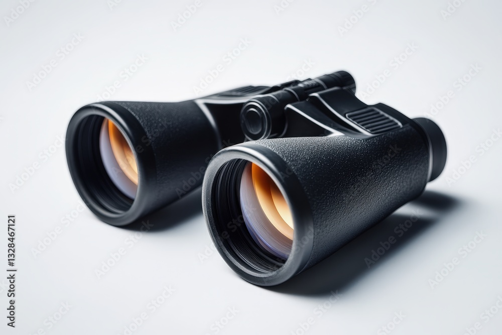 A close up shot showing a black pair of binoculars A close up shot showing a black pair of binoculars