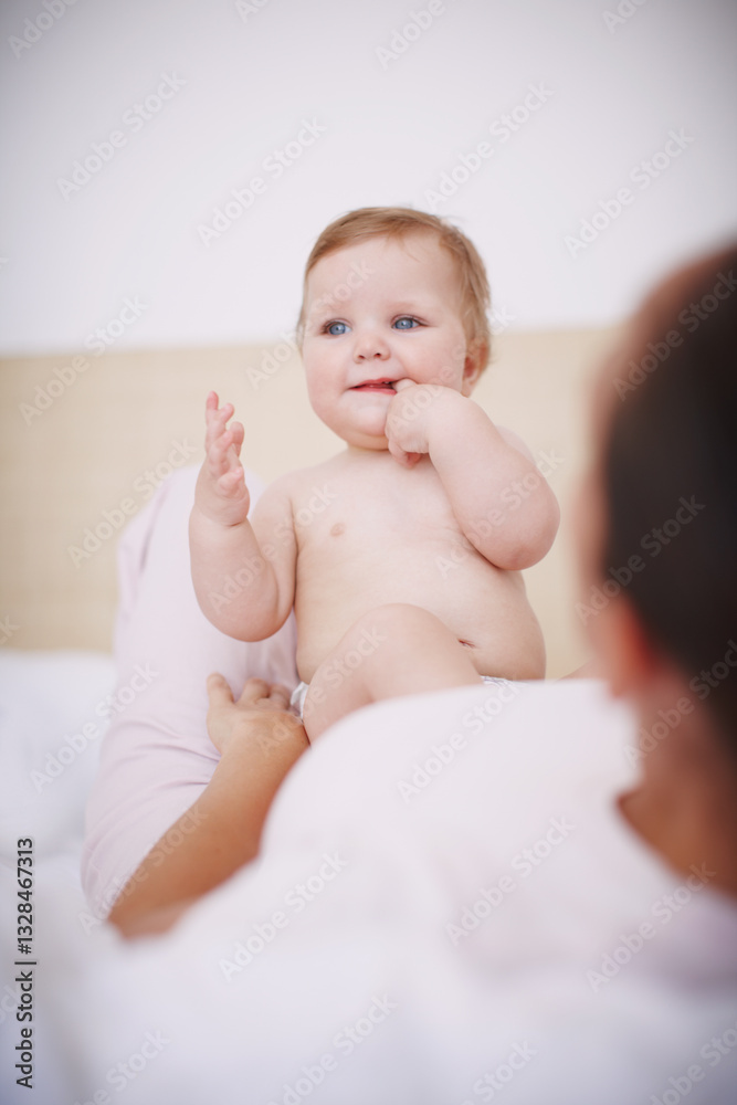 Baby, parent and teething with hands in home, love and learning to chew in bedroom to soothe gums. Development, infant daughter and security in relationship, tooth growth and support with sensory