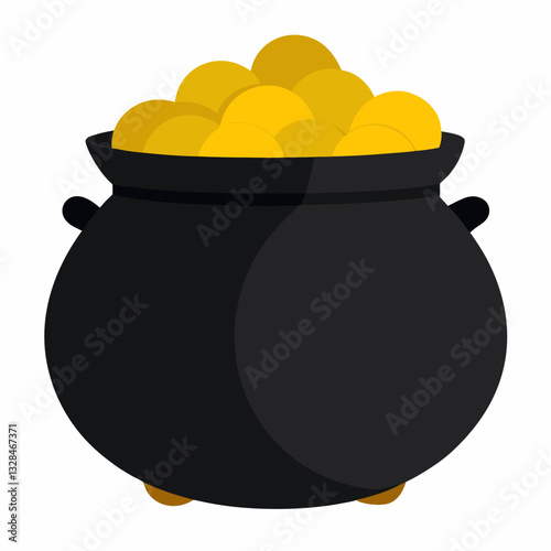 Vector black pot with gold coins on white background.