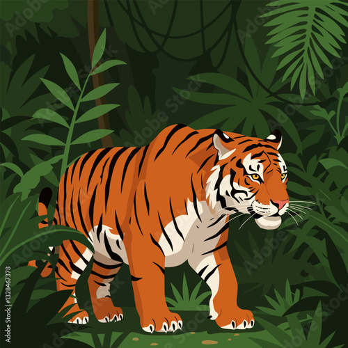 Tiger Strolling Through Lush Green Jungle Foliage on Sunny Day