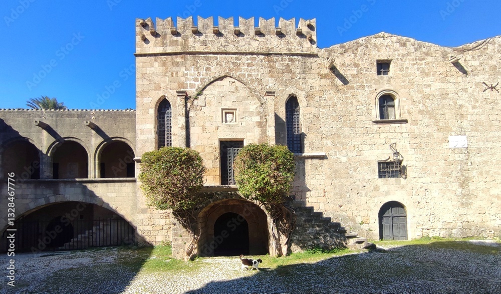 Fototapeta premium Photo of the square of the Hebrew Martyrs, located in the historic Jewish Quarter of Rhodes Old Town, Greece.